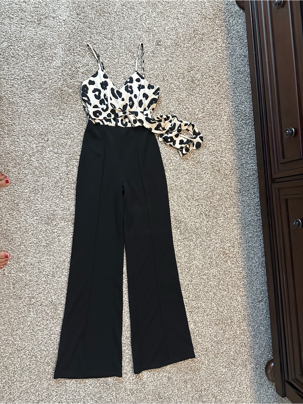 Black Wide-Leg Jumpsuit with Cream Leopard-Print Bodice